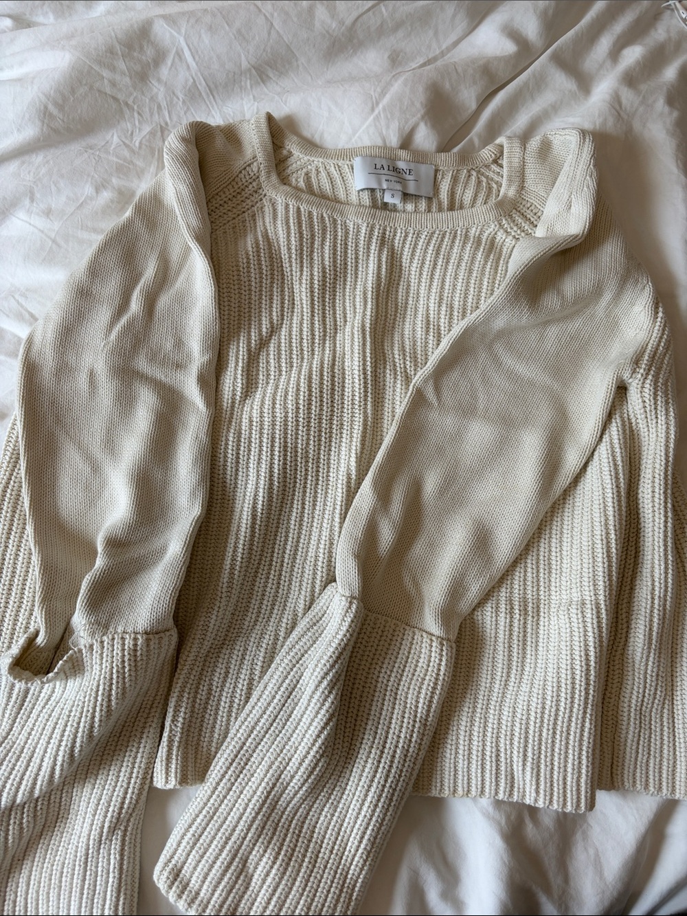 La Ligne Ivory Ribbed Cotton Crewneck Sweater